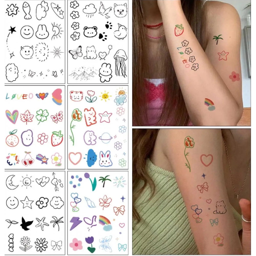 TATTOO 6pcs NewCartoon Pattern Colored Flower Heart Temporary Tattoo Stickers Waterproof Magic Tattoo Disposable Tattoo Stickers